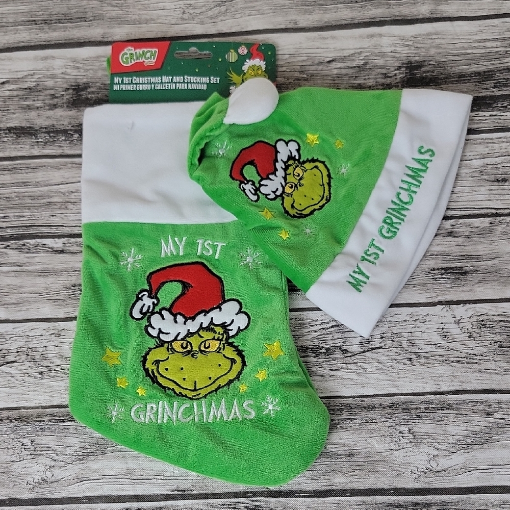 The Grinch BABY FIRST Christmas Hat and Stocking Set
